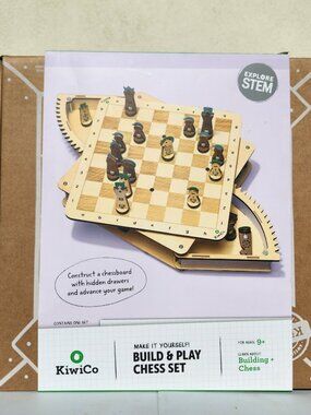NEW KiwiCo Chess Set Wooden Game Board and Pieces with Hidden Storage Brand New